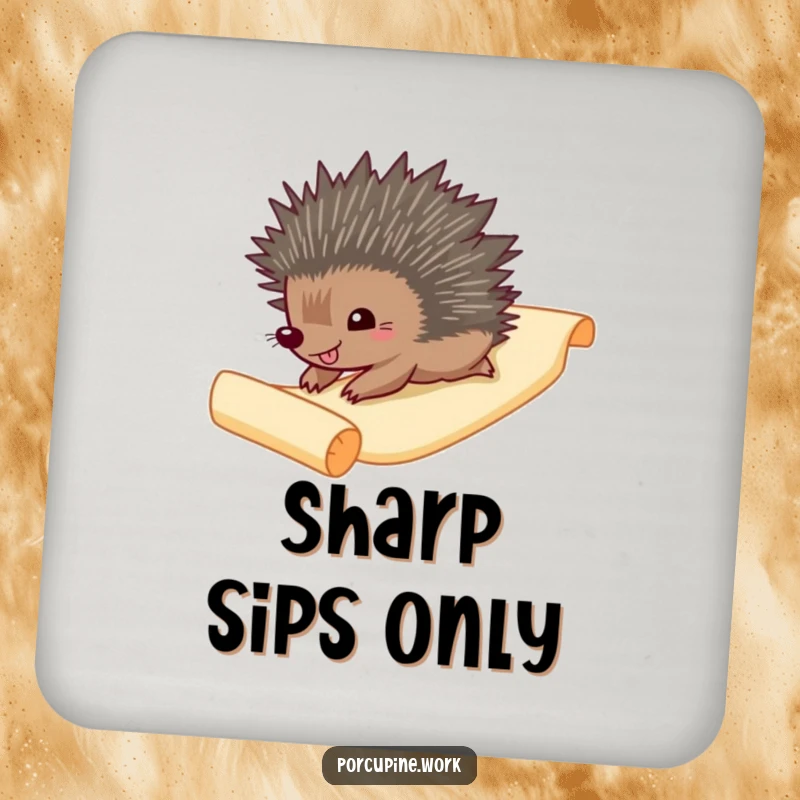 Funny Coaster: A gleeful porcupine slides down a paper scroll, guarding drinks with humorous flair.