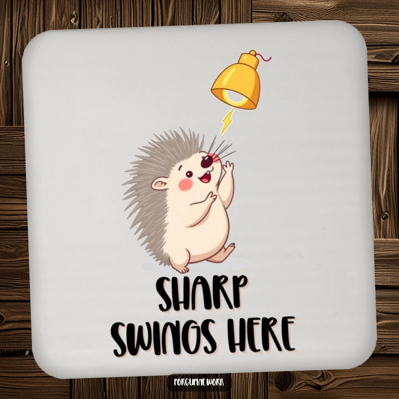 Funny porcupine lamp drink coaster featuring a porcupine playfully batting at a dangling desk lamp, protecting surfaces with whimsical humor.