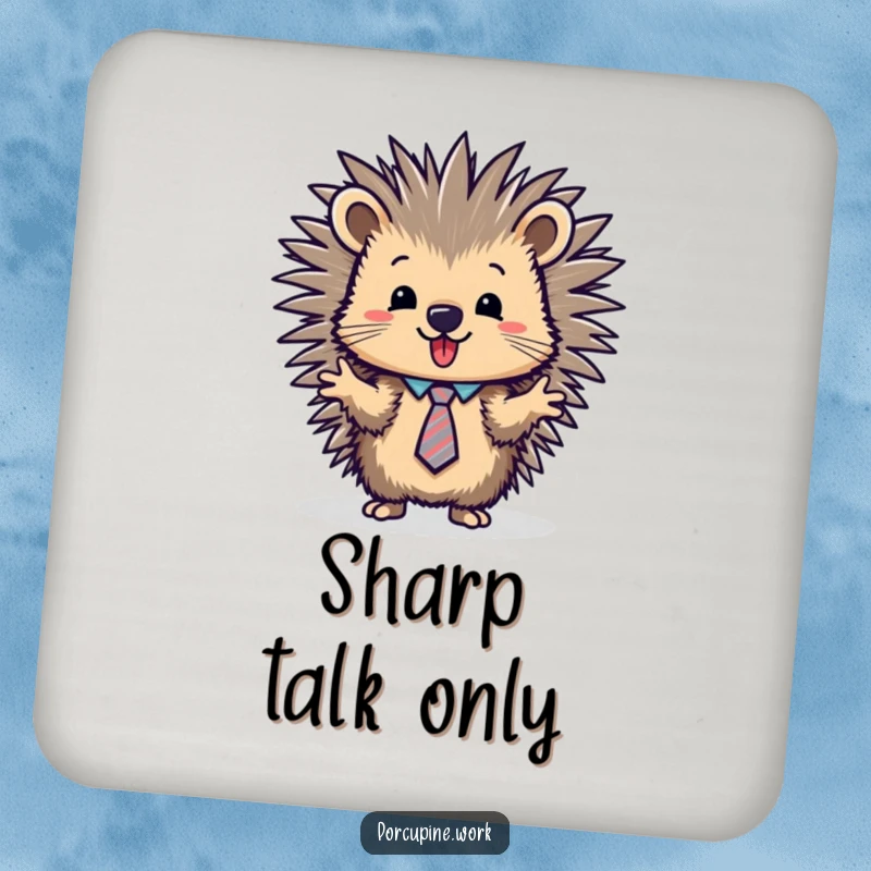 Funny porcupine in a tie, pointing at a pie chart, on a protective and humorous drink coaster.