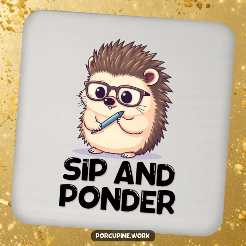 Funny porcupine wearing spectacles, thoughtfully holding a pen, absorbent drink coaster, protects furniture with humor.