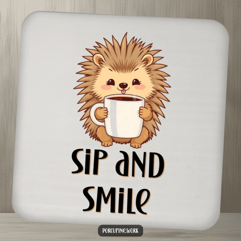 Funny drink coasters featuring a cheerful porcupine holding a large coffee mug, perfect for adding morning cheer to any surface.