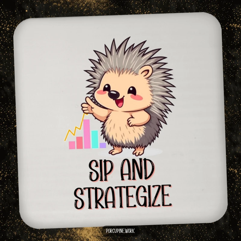 Funny drink coaster featuring a porcupine enthusiastically pointing at a colorful graph, adding a touch of business charm.