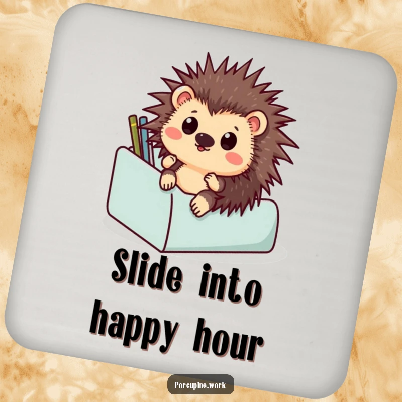 Funny drink coasters featuring a surprised porcupine sliding down a desk organizer, adding office-inspired humor to your tabletop.