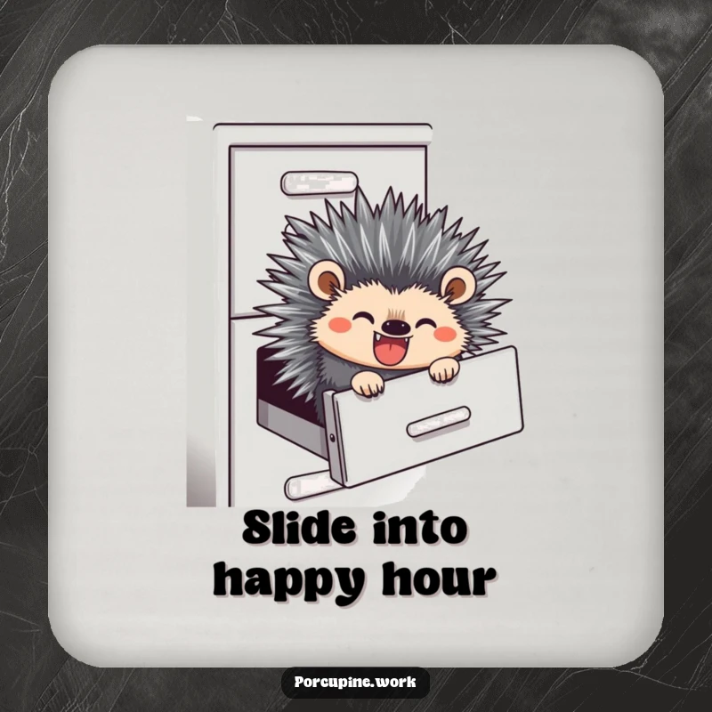Funny drink coasters featuring a porcupine sliding down a filing cabinet, adding humor to table protection.