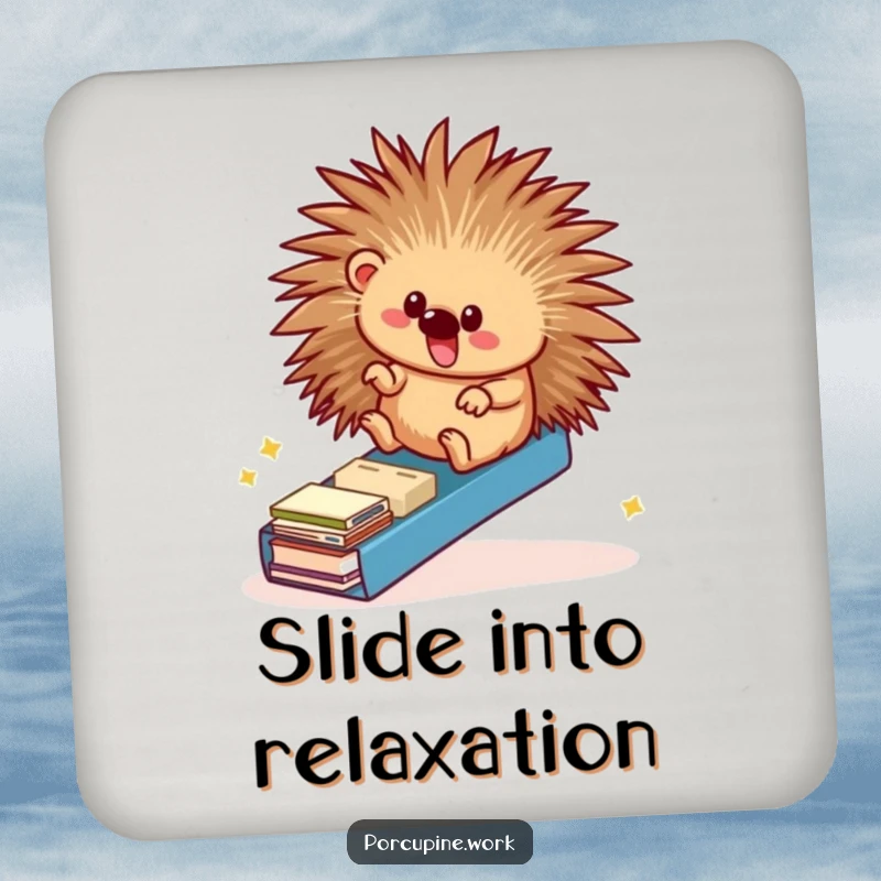 Funny coaster depicting a porcupine sliding down a file folder ramp, adding a humorous office-themed touch to drink protection.