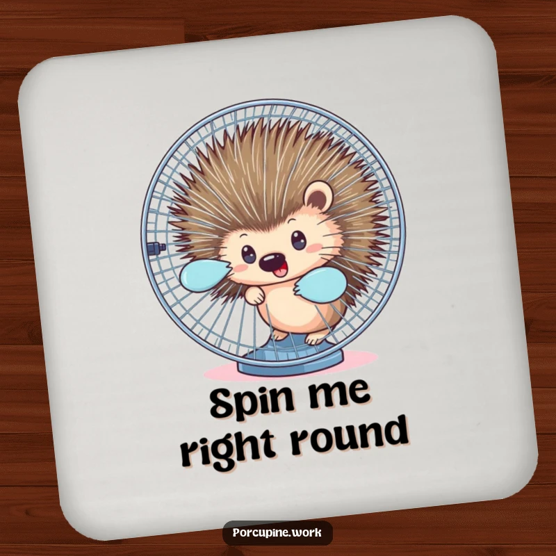Funny drink coaster featuring a porcupine peeking from behind a spinning office fan, perfect for quirky protection.