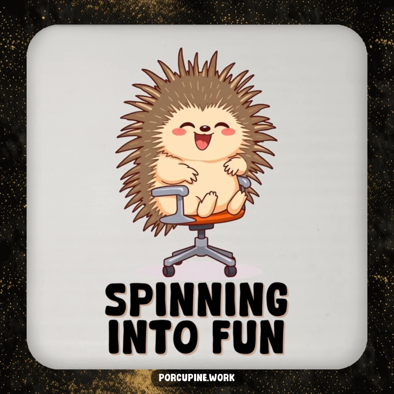 Funny coaster depicting a porcupine gleefully riding a rolling office chair, adding a humorous, speed-themed touch to drink protection.