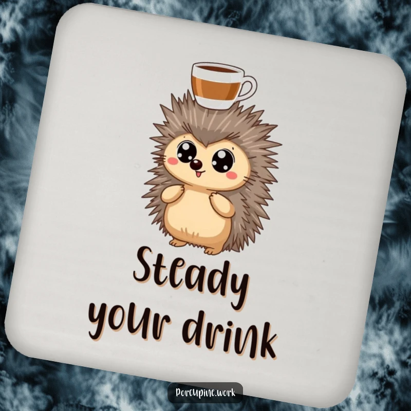 Funny Drink Coaster featuring a porcupine with wide eyes, a coffee cup perfectly balanced on its head, ready to hold your drink.