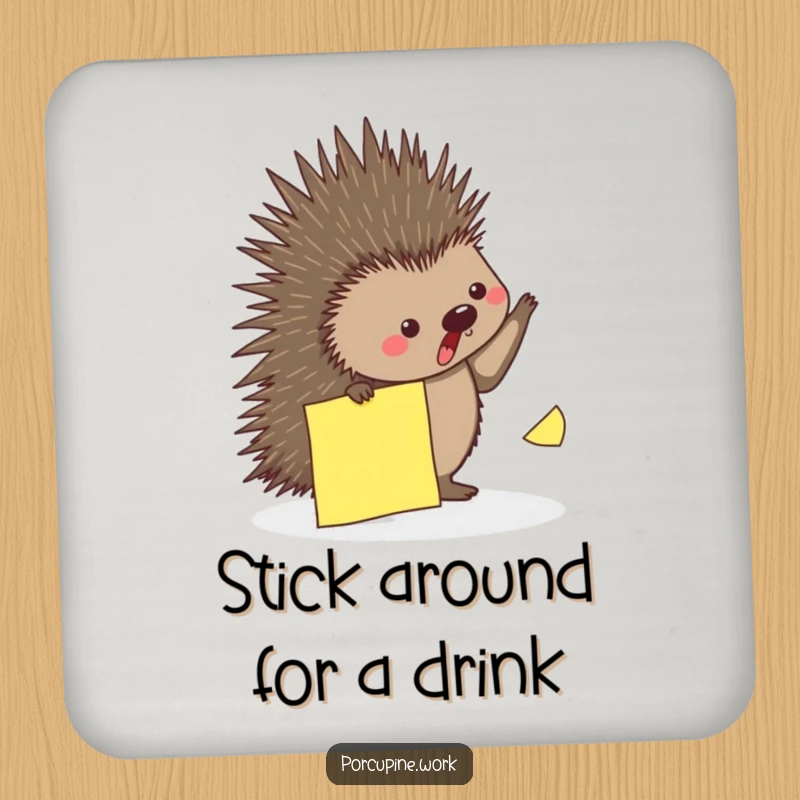Funny drink coaster featuring a porcupine playfully dodging a falling sticky note, perfect for quirky protection.