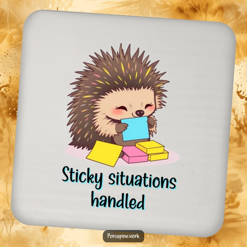 Funny Drink Coaster featuring a porcupine organizing sticky notes with its quills, a humorous accessory for any table.