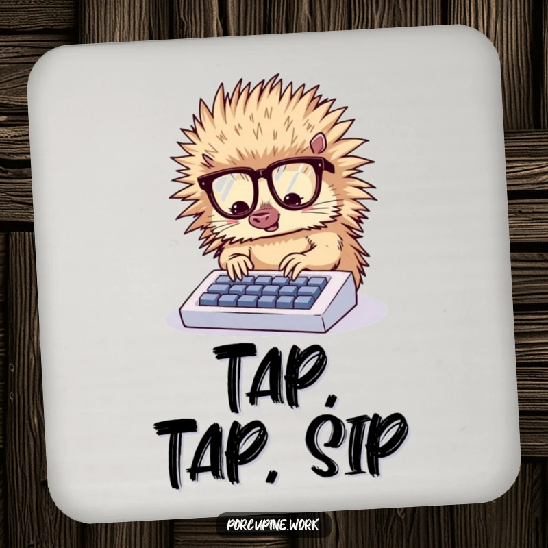 Funny drink coaster featuring a porcupine wearing glasses, typing diligently on a small keyboard, adding a touch of geek chic.