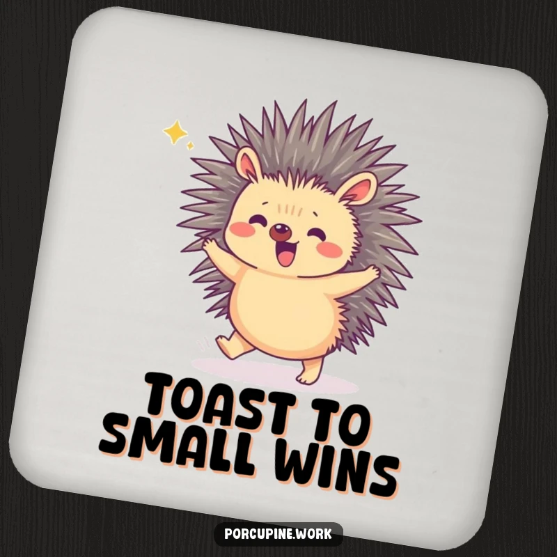 Funny drink coasters with a porcupine doing a tiny hop in celebration, bringing cheerful humor to your tabletop.