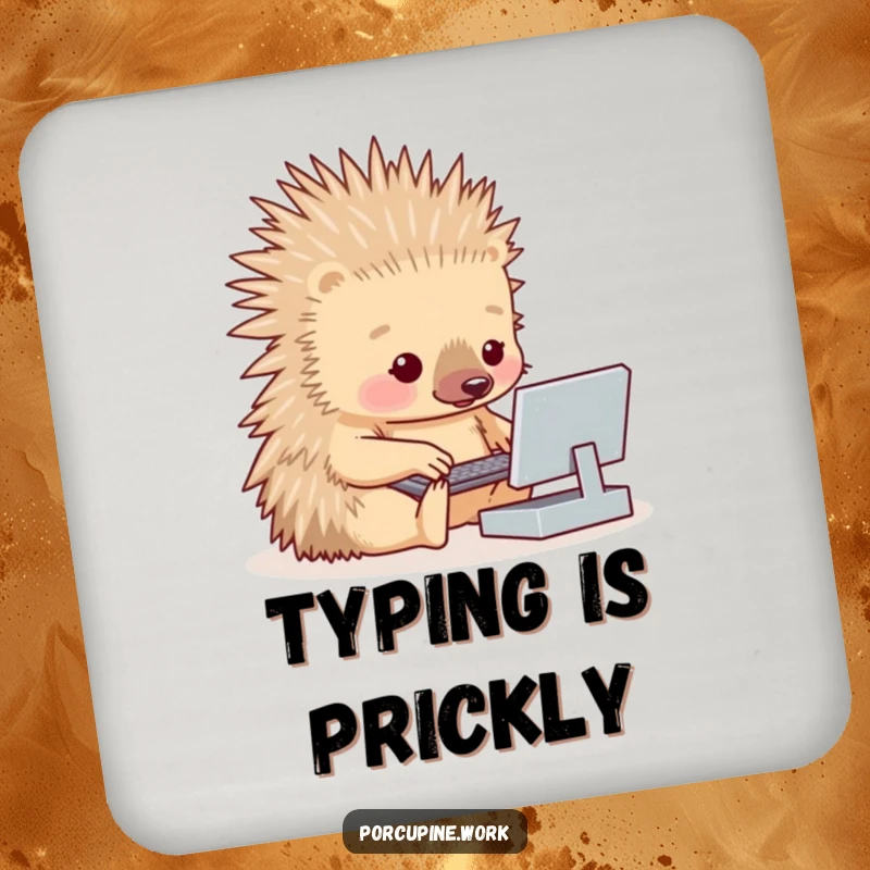 Funny porcupine with quills attempting to type on a miniature keyboard, on a protective and humorous drink coaster.