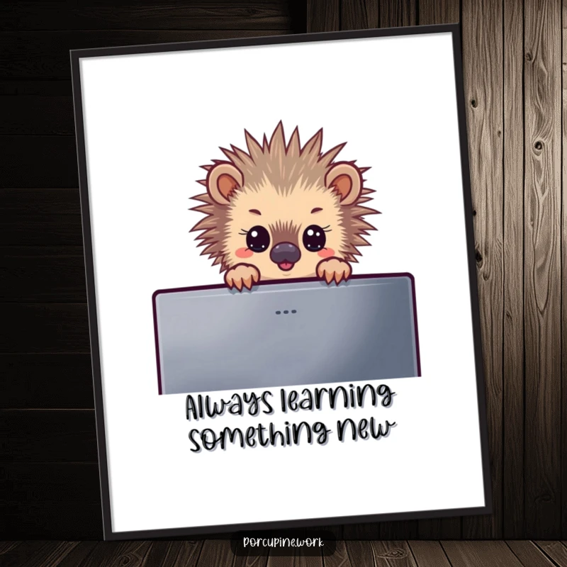 Funny poster artwork of a porcupine curiously peeking over a computer monitor, designed to add humor and personality to any wall.