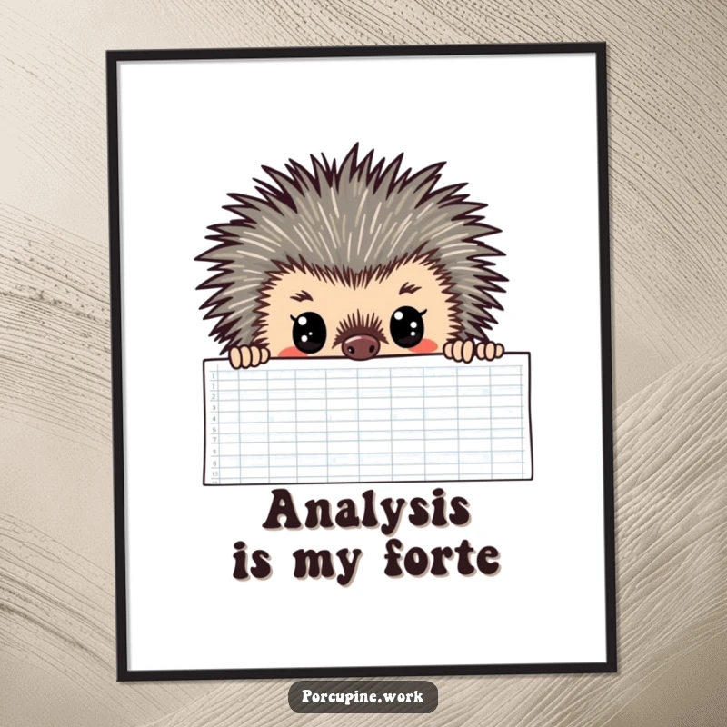 Funny Poster of a porcupine with wide, focused eyes looking over a large spreadsheet, a humorous piece for any office.