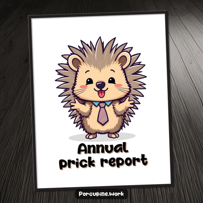 Funny porcupine wearing a tie, energetically presenting complex data on a large screen, displayed as a humorous poster.