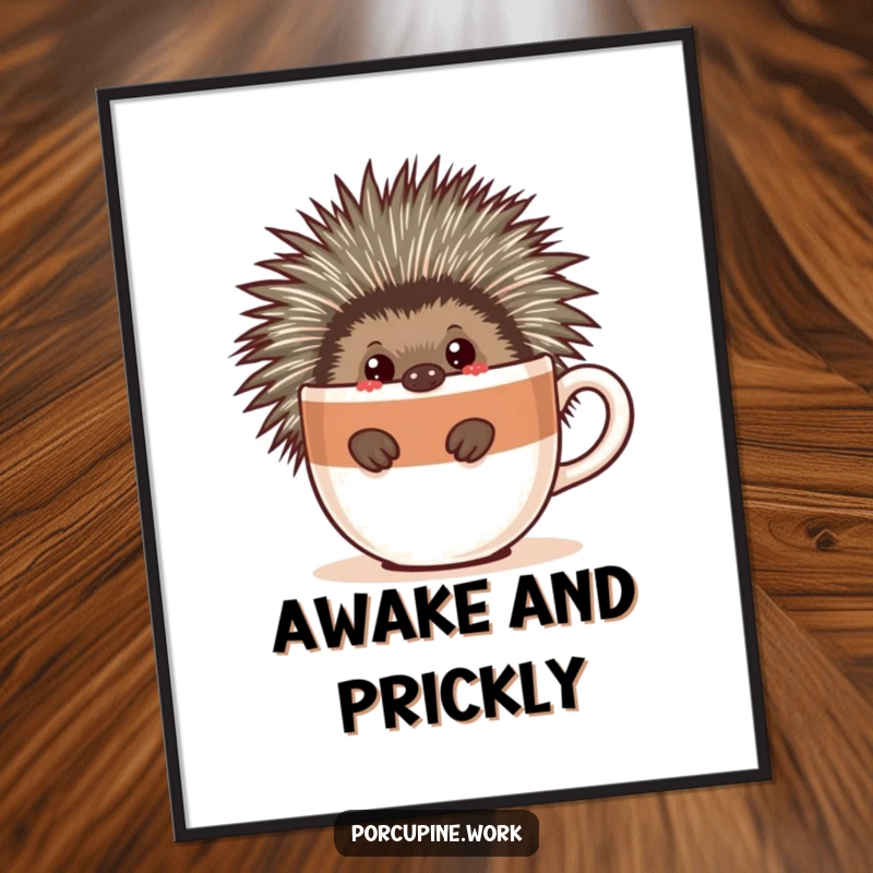 Funny poster print of a porcupine peeking around a giant coffee cup, adding a touch of whimsical, coffee-centric humor to decor.