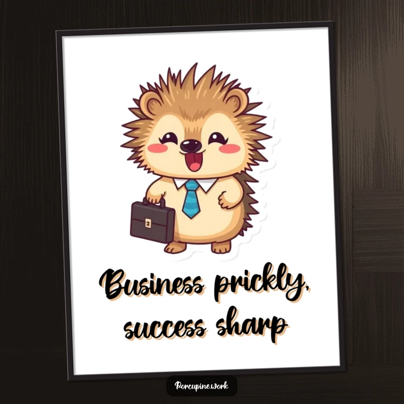 Funny business porcupine poster showing a stout, tie-clad porcupine holding a briefcase, exuding determination and charm.