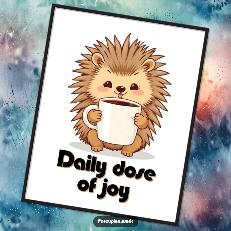 Funny poster art of a porcupine with a cheerful expression holding a large coffee mug, perfect for a happy home.