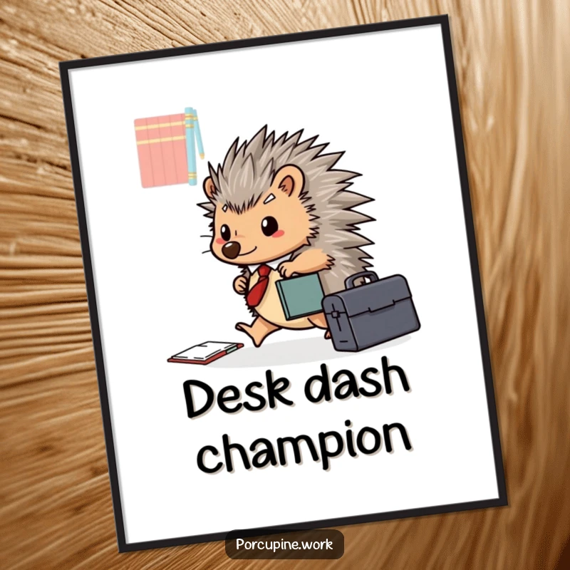 Funny porcupine with a briefcase happily scurries across a desk, depicting ambition and speed on this humorous poster.
