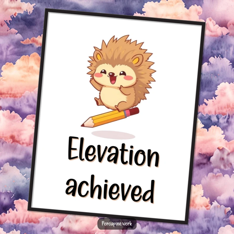 Funny poster print of a porcupine gleefully jumping over a pencil, creating a dynamic and humorous artwork about overcoming obstacles.