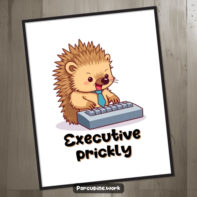 Funny poster artwork of a porcupine wearing a tiny tie, typing with intense focus and enthusiasm on a keyboard.