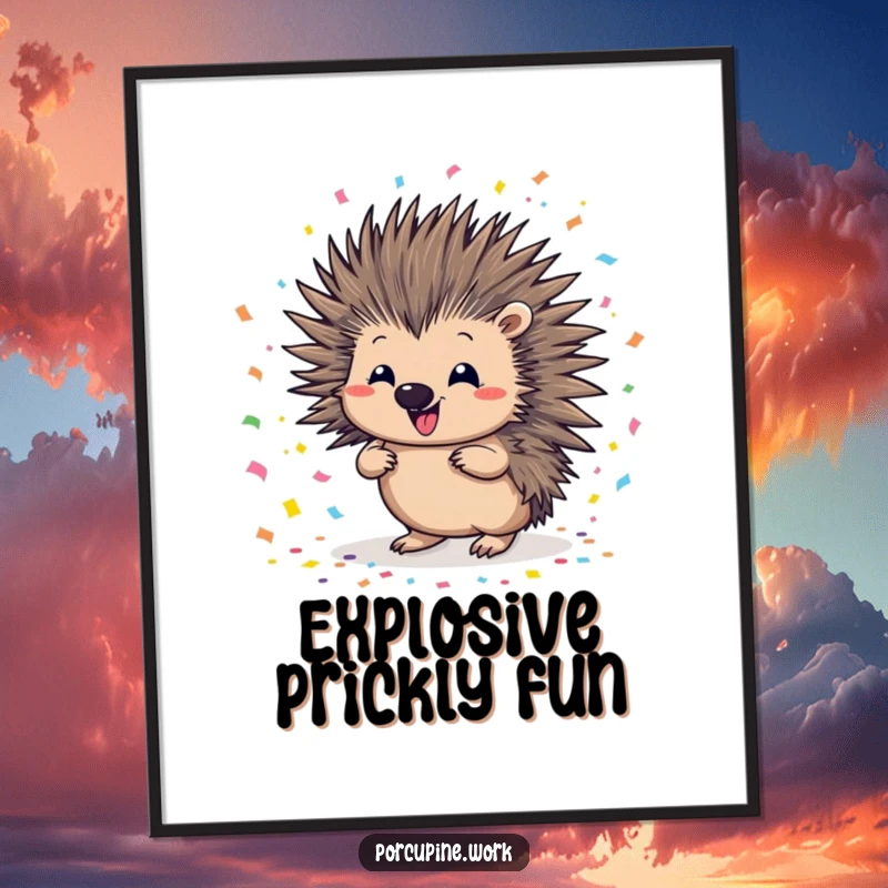 Funny porcupine confetti poster depicting a porcupine with a mischievous smile, joyfully scattering a vibrant cascade of colorful confetti everywhere.