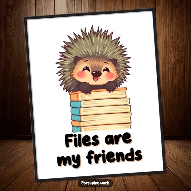 Funny porcupine peeking over a towering stack of files with amusement, a humorous and eye-catching piece of wall art.