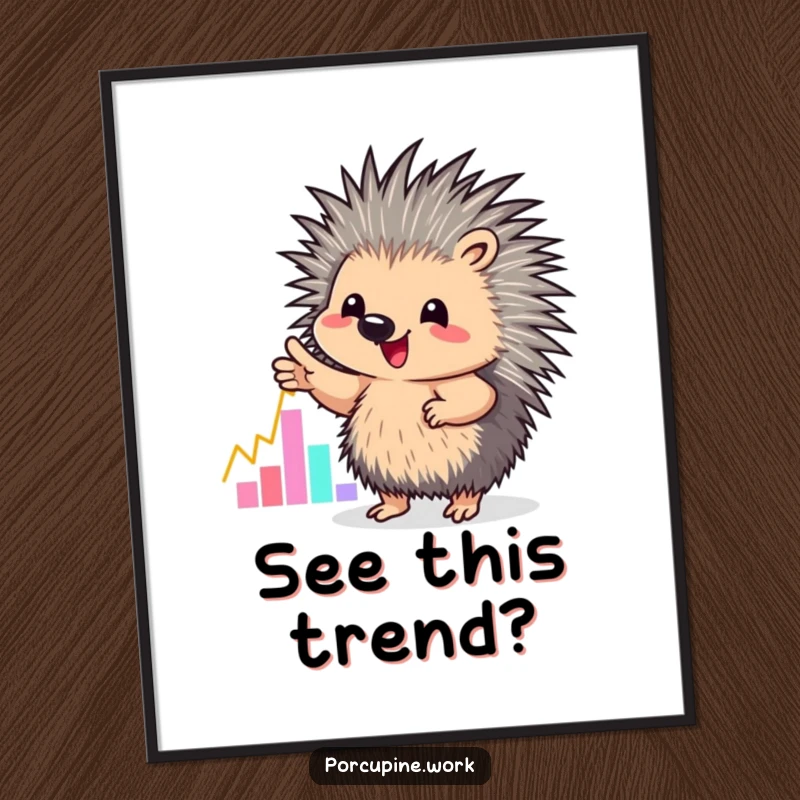 Funny poster illustration of a porcupine enthusiastically gesturing towards a colorful graph, symbolizing growth and achievement.