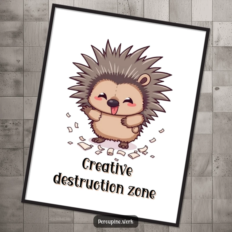 Funny mischief porcupine poster depicting a mischievous porcupine with outstretched quills scattering tiny paper scraps playfully.