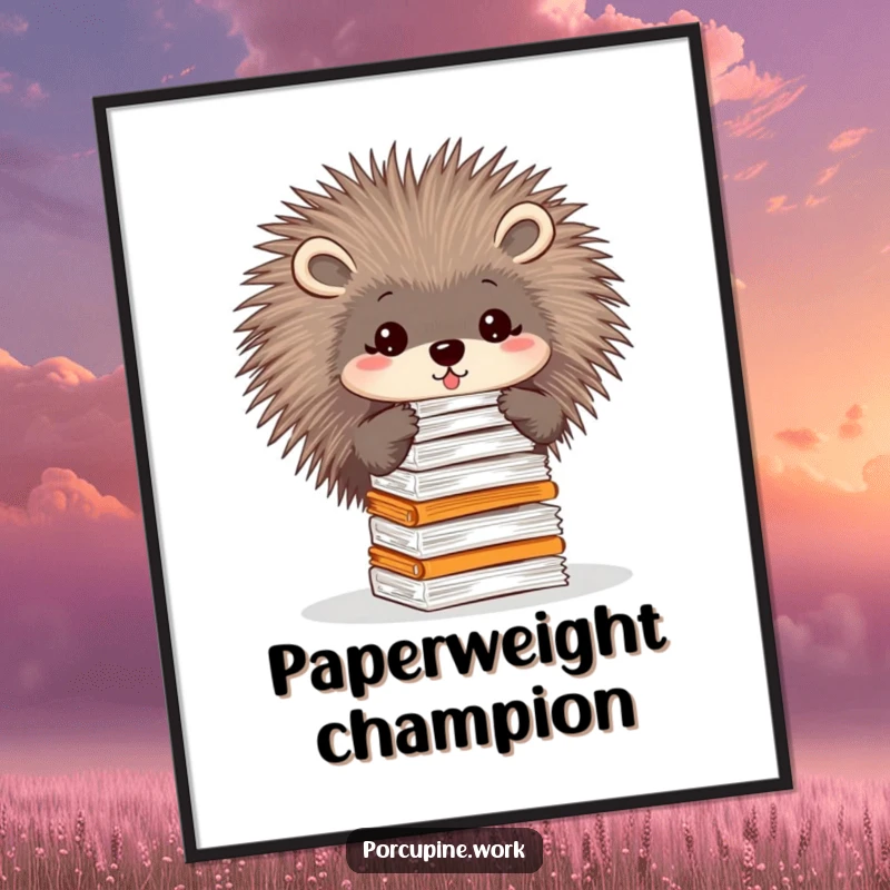 Funny poster illustration of a porcupine balancing a large stack of papers on its quills, showcasing impressive dexterity.