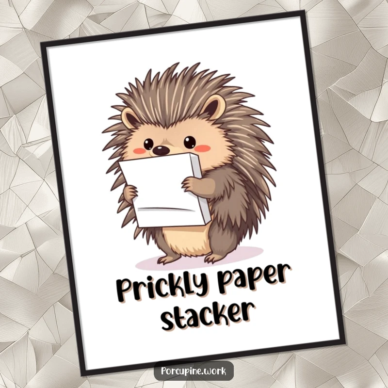 Funny porcupine using its quills to hold a precarious stack of papers; this humorous poster.