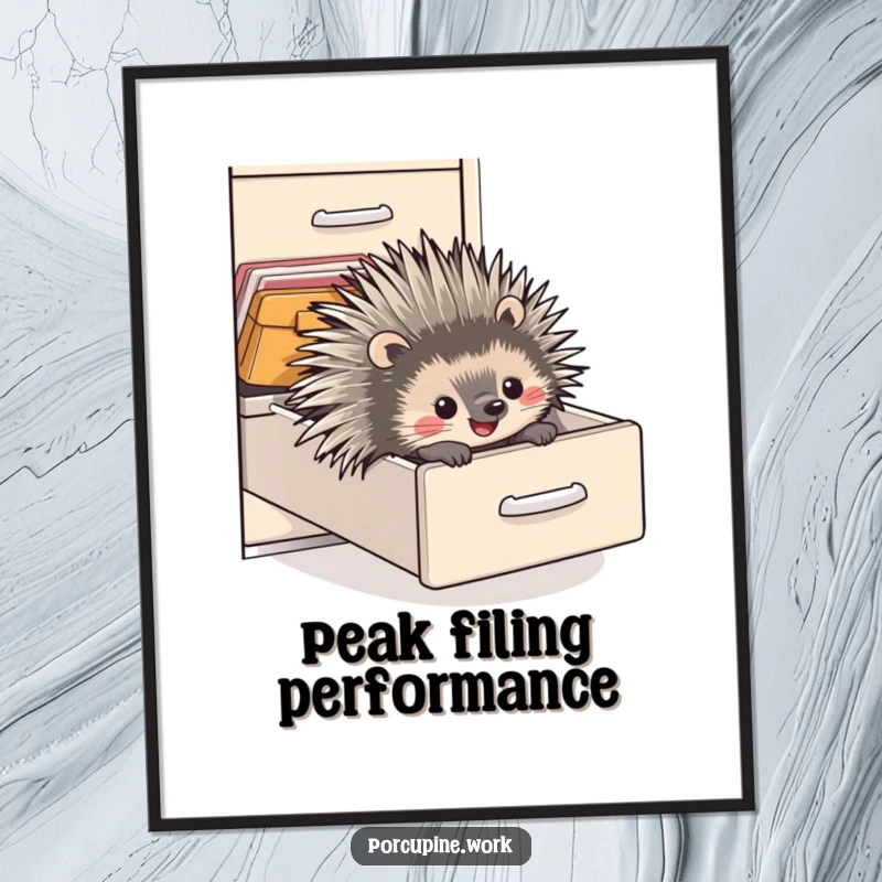 Funny poster illustration of a porcupine sliding with sheer delight down a closed office filing cabinet drawer, bringing office humor to walls.