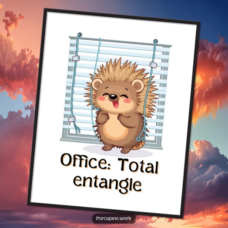 Funny porcupine comically tangled in office window blinds, humorous wall art for office decor.