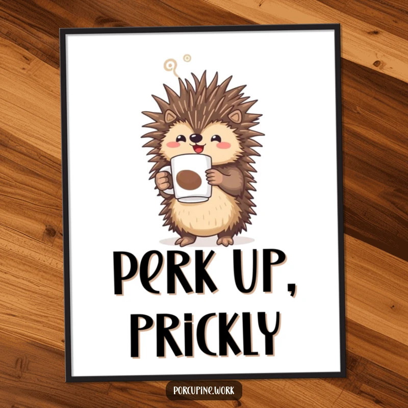 Funny porcupine triumphantly holding a steaming coffee mug, inspirational wall art for coffee lovers.