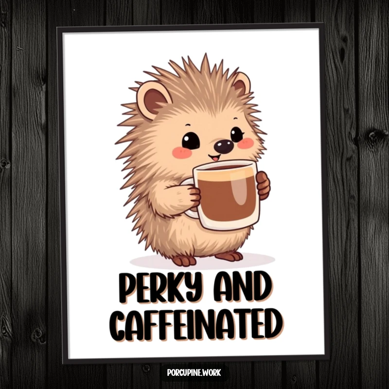 Funny porcupine holding a large coffee mug with a pleased expression, a delightful and humorous piece of wall art.