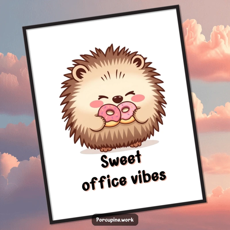 Funny poster of a porcupine winking and sharing a miniature donut with a coworker, perfect for office decor and humor.