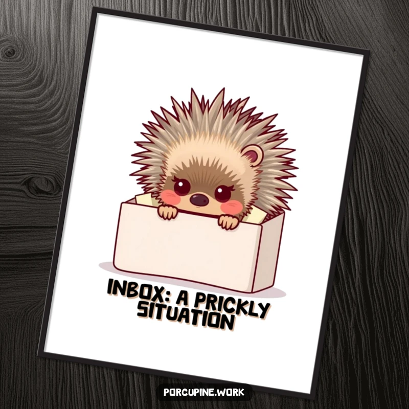 Funny porcupine barely visible behind a giant, overflowing inbox, creating a comical office art piece for wall decor.