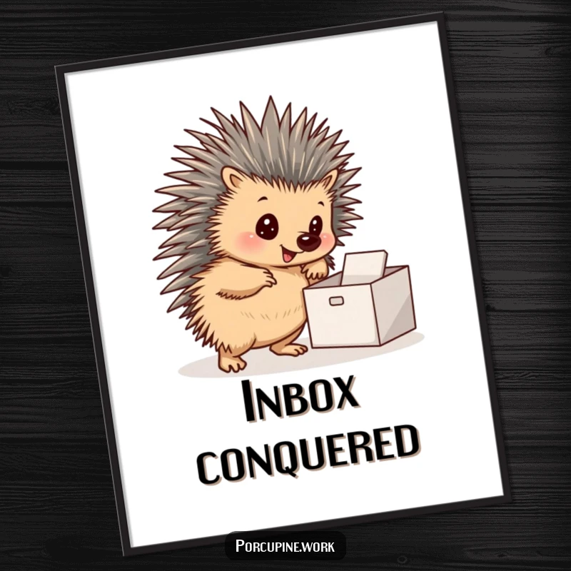 Funny poster of a porcupine in a confident pose by a neat inbox, celebrating organization and motivation.