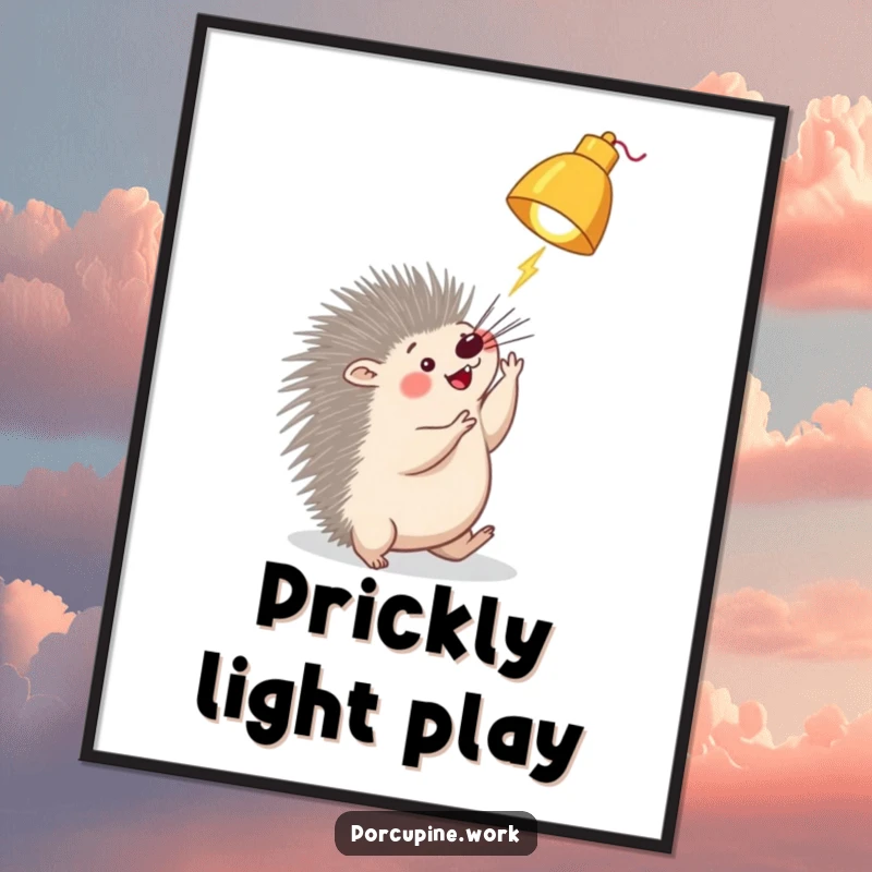 Funny porcupine lamp poster depicting a porcupine playfully batting at a dangling desk lamp, full of curiosity and whimsical energy.