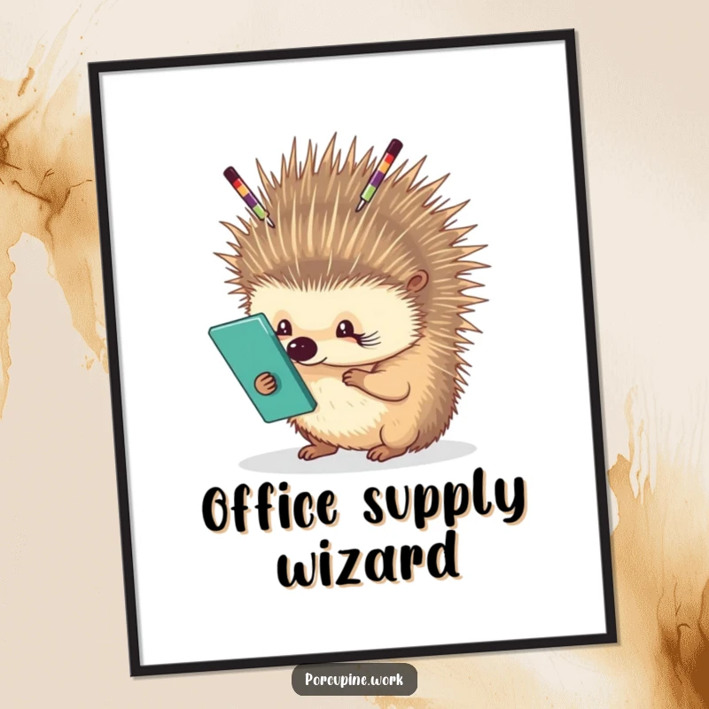 Funny porcupine carefully balancing office supplies on its quills, skilled artwork for offices, adds humor to walls.