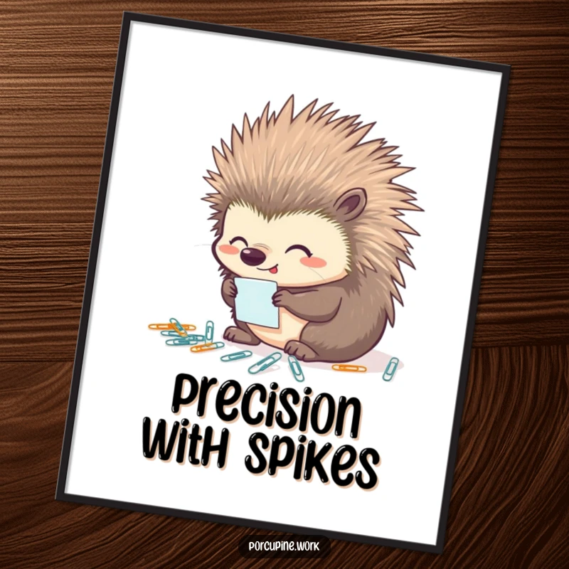 Funny porcupine organizer poster depicting a porcupine looking highly satisfied while neatly arranging tiny paperclips, a testament to tidiness.
