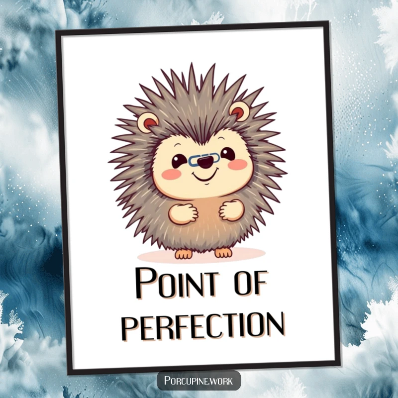 Funny poster illustrating a porcupine with a cheerful grin balancing a paperclip on its nose, celebrating focus and office amusement.