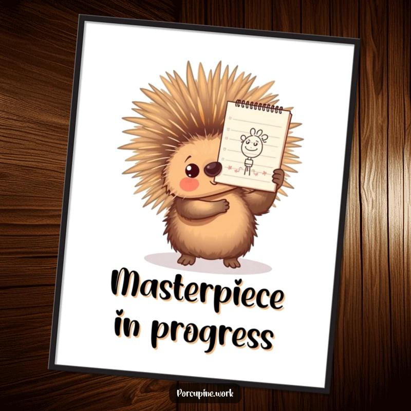 Funny Poster of a porcupine proudly holding up a notepad showcasing a perfectly drawn doodle, celebrating creativity with humor.