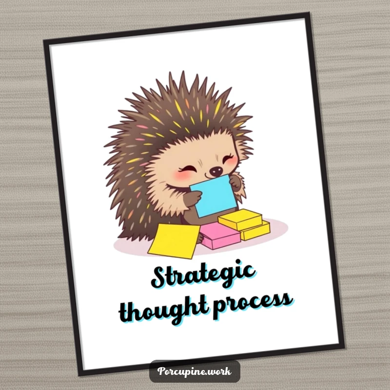 Funny Poster of a porcupine meticulously organizing colorful sticky notes with its quills, creating a humorous and artistic office statement.
