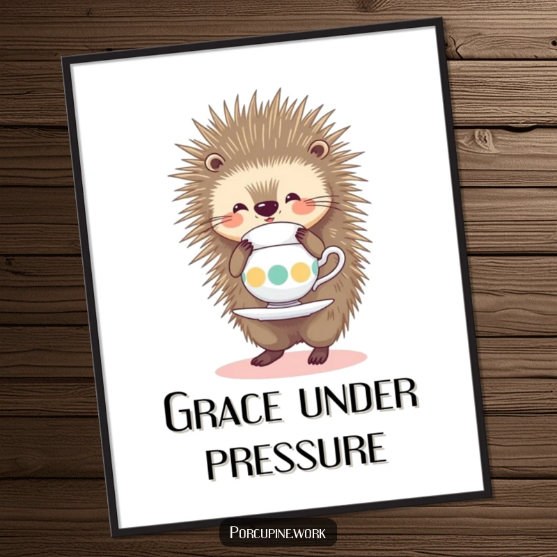 Funny Poster of a smiling porcupine precariously balancing a teacup on its quills, creating a humorous and artistic statement.