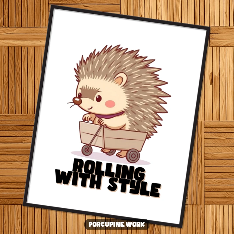 Funny poster depicting a porcupine happily pushing a tiny rolling cart, creating a humorous and heartwarming piece of wall art.