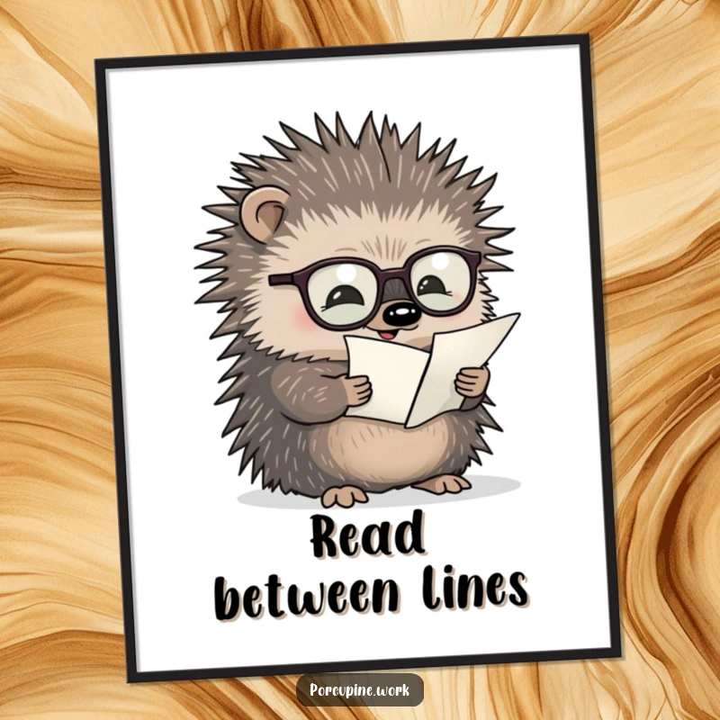 Funny poster of a porcupine with glasses meticulously reading a tiny document, embodying deep thought and academic humor.