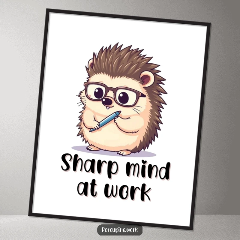 Funny porcupine wearing spectacles, thoughtfully holding a pen, intellectual artwork, perfect for study rooms or offices.