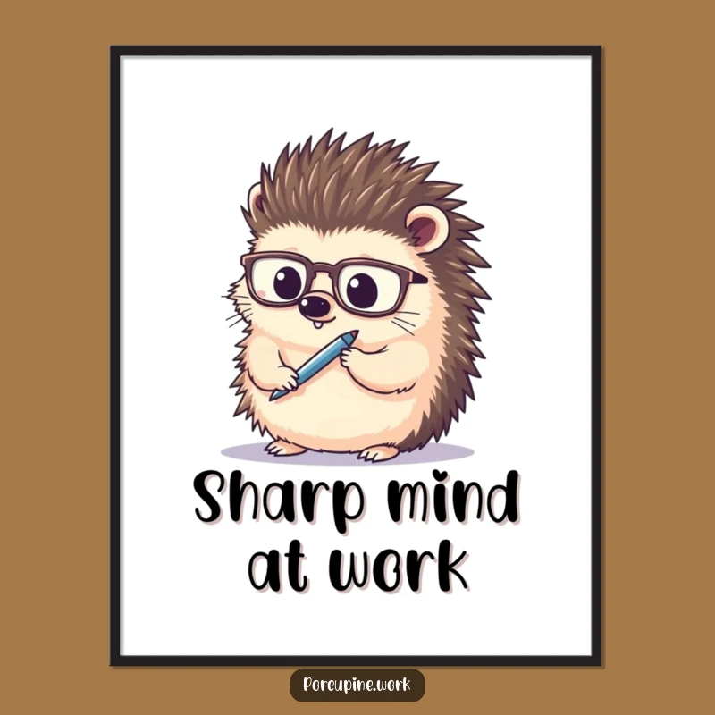 Funny Porcupine Scholar Poster: Wise Animal with Spectacles and Pen, Hilarious Wall Art Gift